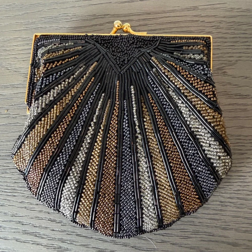 VTG Beaded Shell Clutch Bag Black Gold Silver Art Deco Crossbody‎ 20s 40s Retro